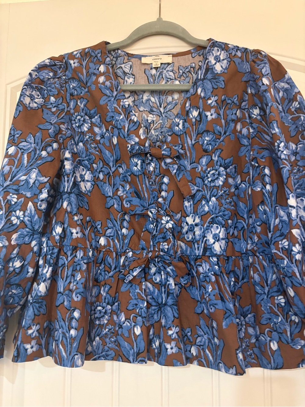 entro Brown Floral V-Neck Peplum Blouse with Blue Print - Picture 2 of 6
